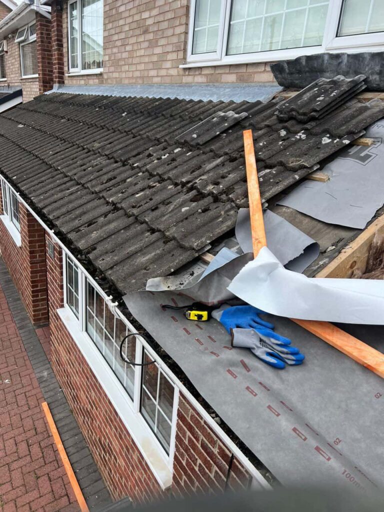 This is a photo of a pitched roof which is being repaired. The existing roof was leaking badly. Works carried out by TRP Roofing Withernsea